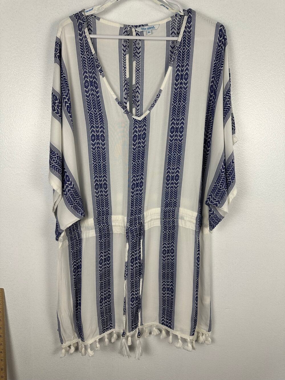 Blue Island Boho V-Neck cover up white and blue striped geometric tassel hem XL